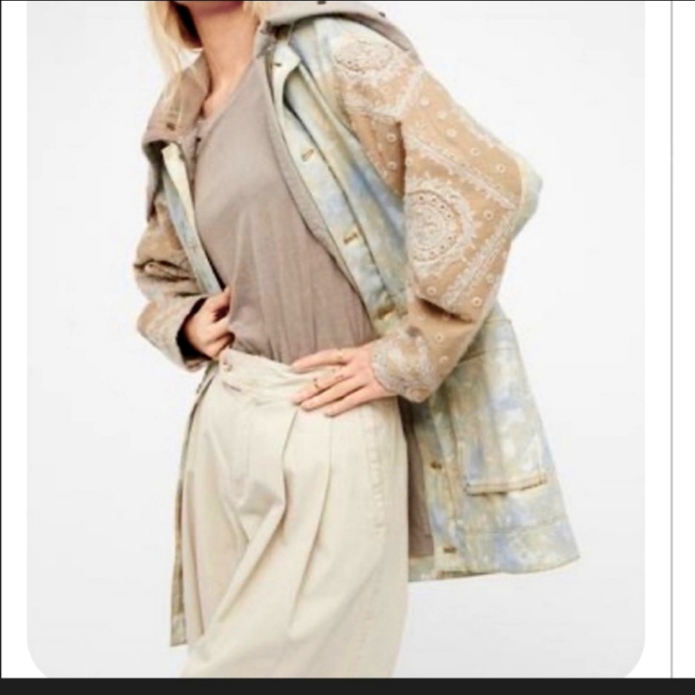 Free People Layered Parka Tie Dye Hooded Cowl Neck Embroidered Jacket small NWOT
